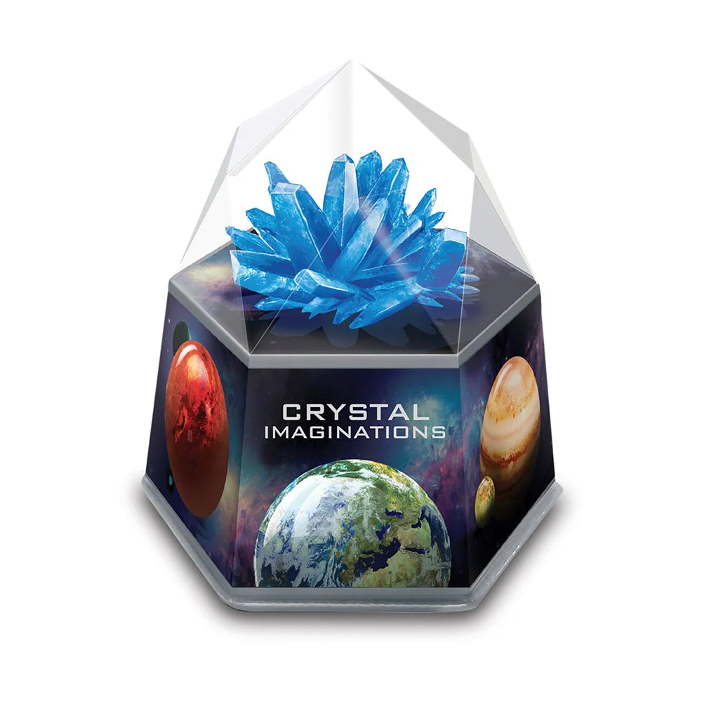 Hexagonal crystal display with blue crystals and space-themed design, featuring 'Crystal Imaginations' branding.