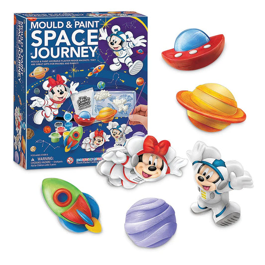 Space-themed toy set with Mickey Mouse and Minnie Mouse figures and a box labeled 'Mould & Paint Space Journey'.