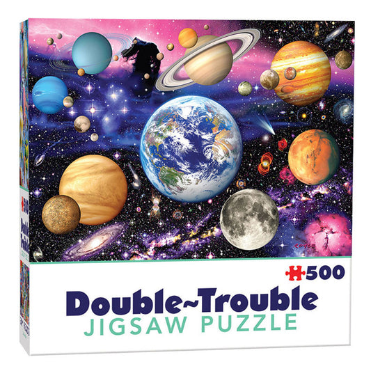 Jigsaw puzzle box with space-themed design featuring planets and stars.
