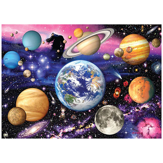 Illustration of planets and celestial bodies in space with a colorful background