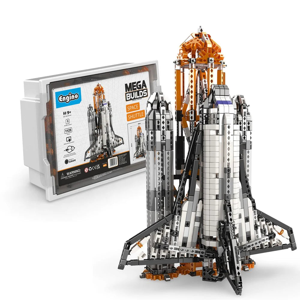 Space shuttle model building set with packaging on a white background