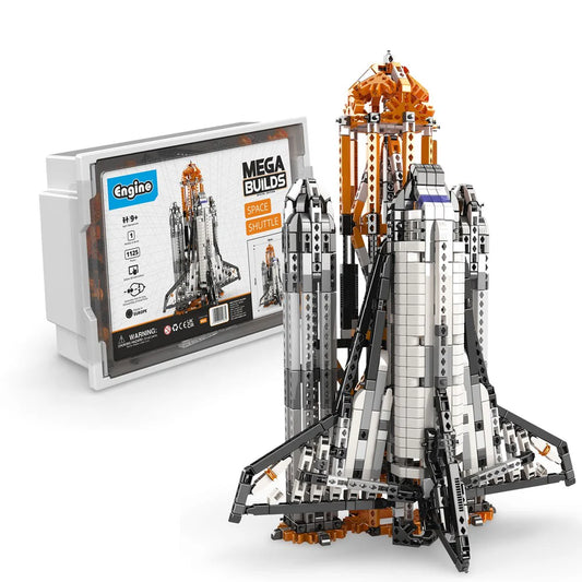 Space shuttle model building set with packaging on a white background