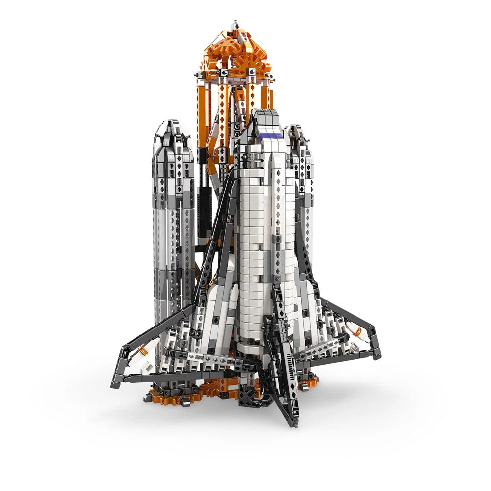Model of a rocket made from interlocking bricks on a white background
