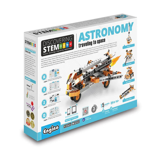 Box for a STEM astronomy kit with space-themed design