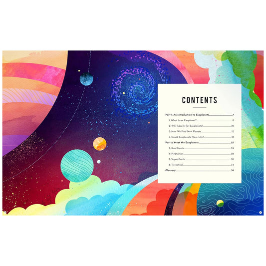 Colorful cosmic design with a contents page overlay