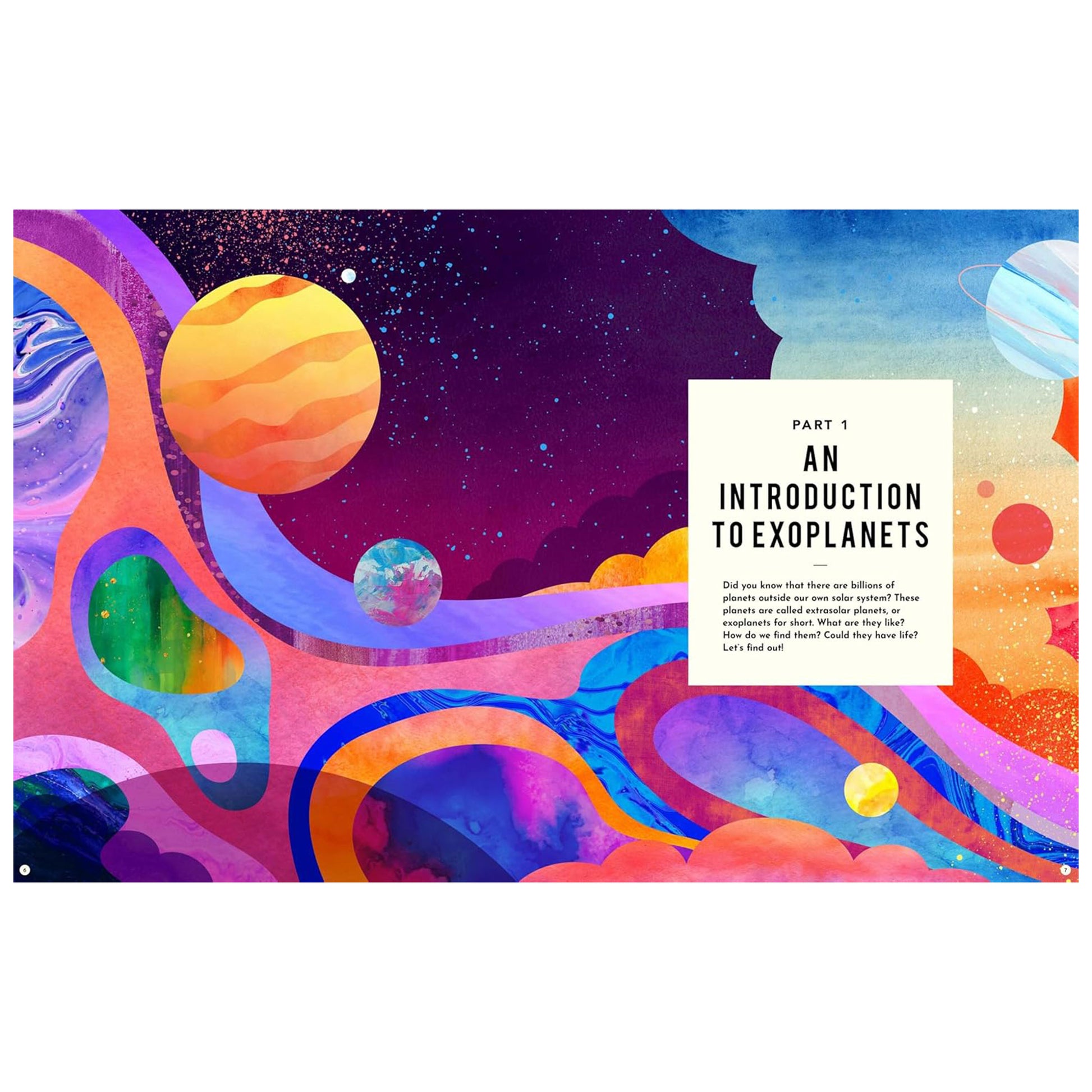 Colorful space-themed design with planets and a text box on a white background