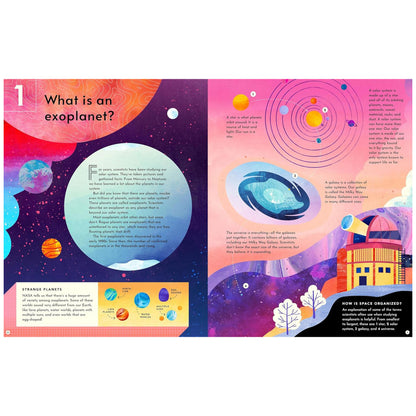 Illustrated book page about exoplanets with colorful graphics and text.
