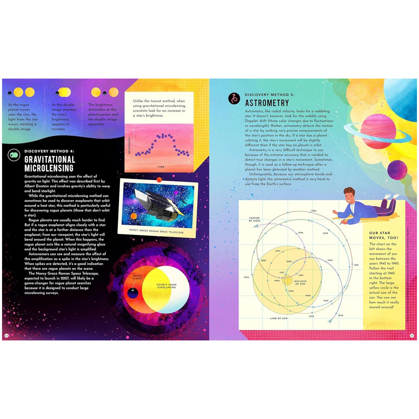 Educational book open to pages about astronomy with colorful illustrations and text.