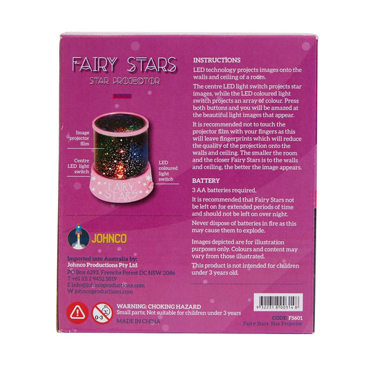 Back of a pink fairy star projector packaging with text and product image.
