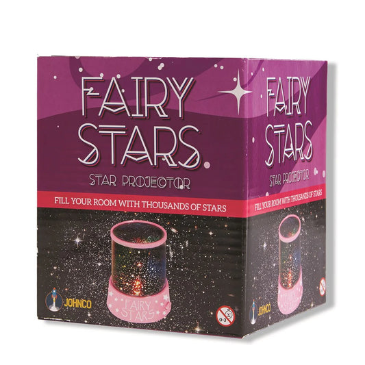 Box of a fairy stars star projector with purple and black design.