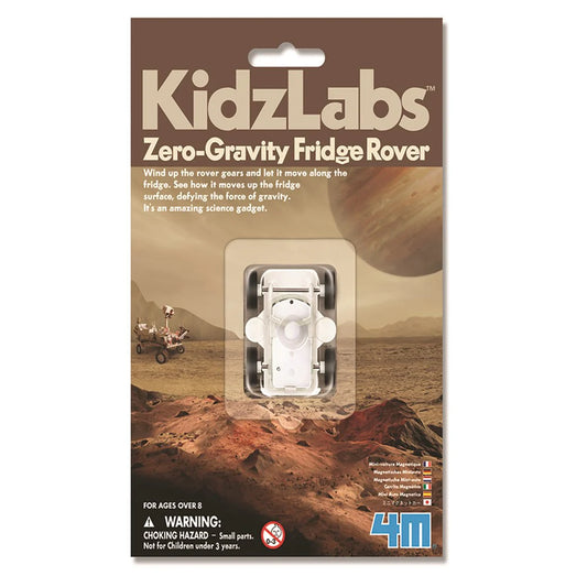 Packaging of KidzLabs Zero-Gravity Fridge Rover toy with desert landscape design.