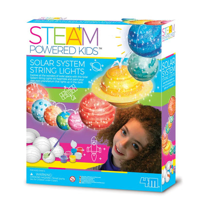 Box of Steam Powered Kids Solar System String Lights with colorful design and child's face on a white background