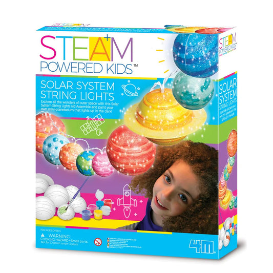 Box of Steam Powered Kids Solar System String Lights with colorful design and child's face on a white background