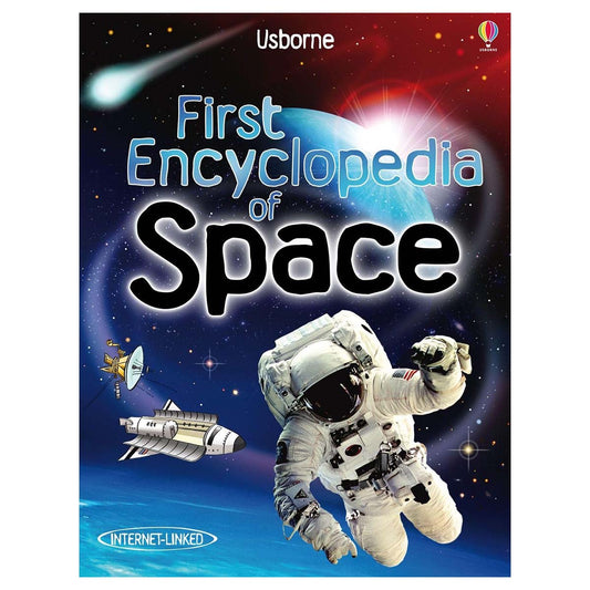 Book cover of 'First Encyclopedia of Space' with an astronaut and space elements on a dark blue background.