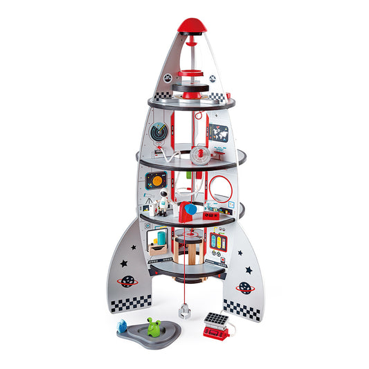 Toy rocket ship with multiple levels and details on a white background
