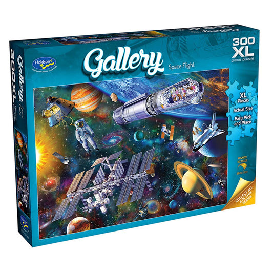 Jigsaw puzzle box featuring space-themed design with astronauts, spaceships, and planets.