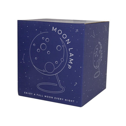 Box for a moon lamp with a blue design and white text on a white background