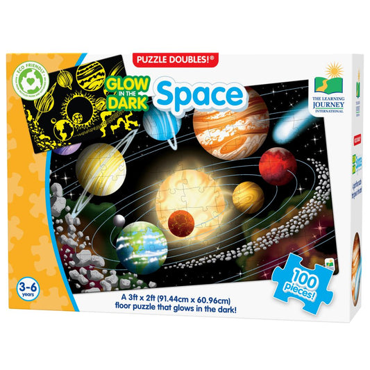 Space-themed glow-in-the-dark puzzle packaging with solar system illustration