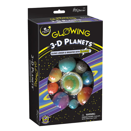 Box of glowing 3D planets with colorful spheres on a black background