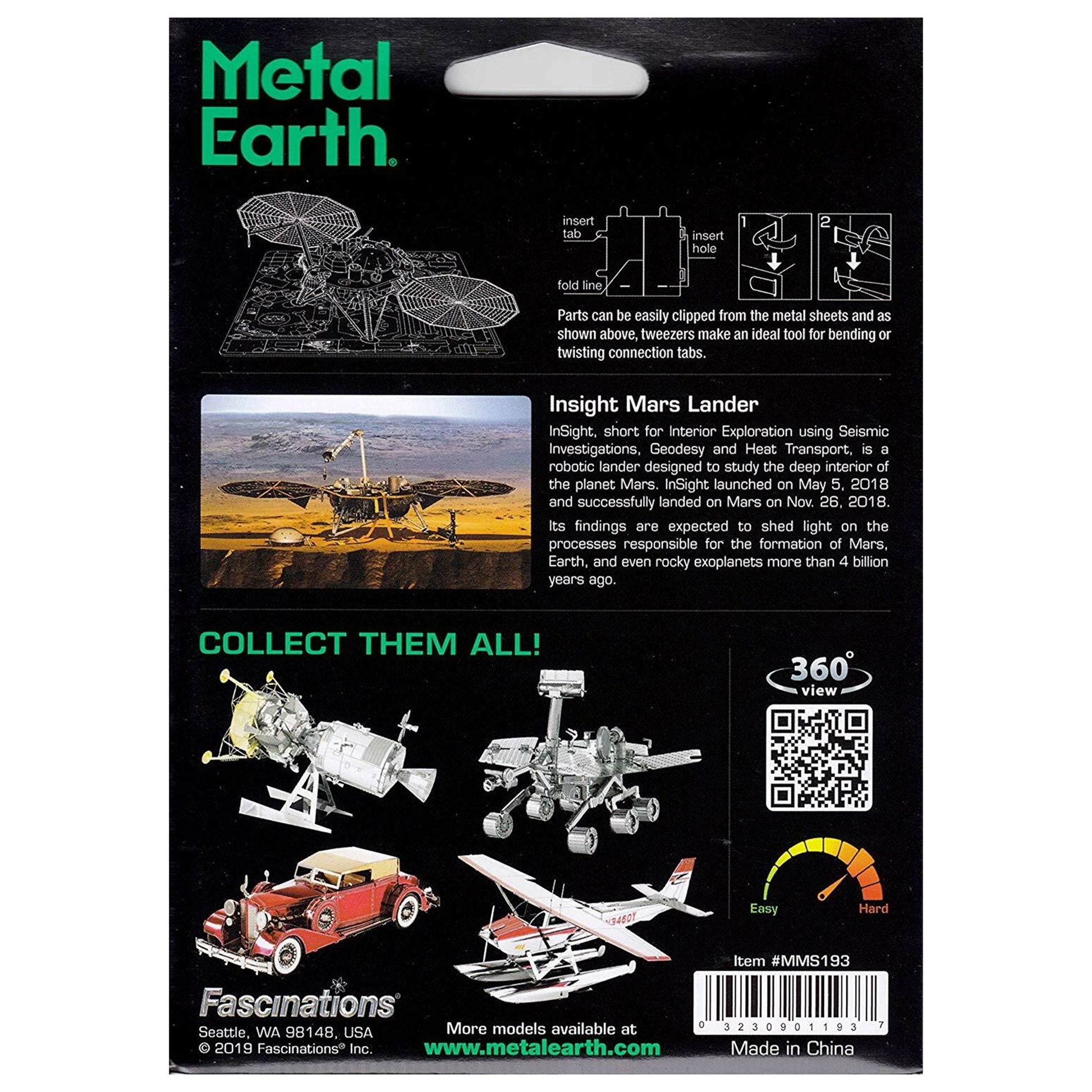 Metal Earth packaging with model images and text on a black background