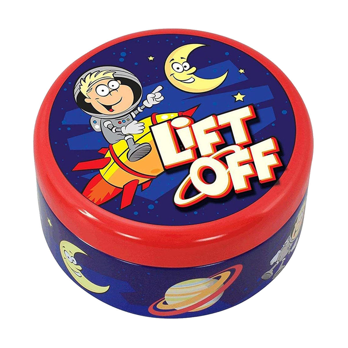 Toy container with space-themed design and 'Lift Off' text on a white background