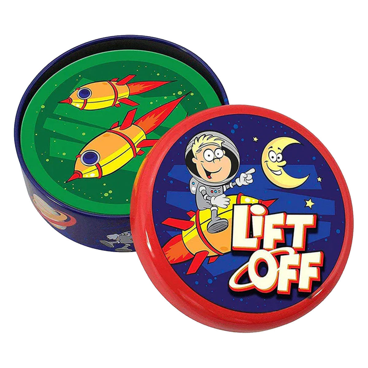 Two round containers with space-themed designs and 'Lift Off' text on a white background