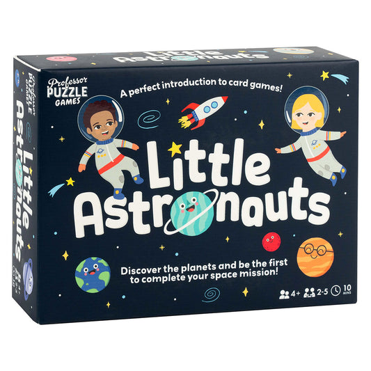 Board game box for 'Little Astronauts' with space-themed graphics and text.