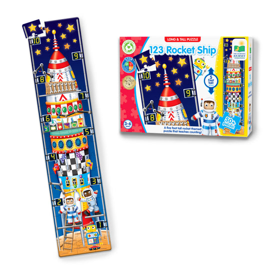 Long and tall rocket ship puzzle with packaging on a white background