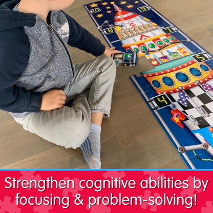 Child playing with a toy on a colorful educational mat.