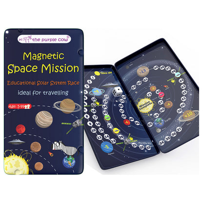 Educational solar system game set with magnetic space mission theme on a white background
