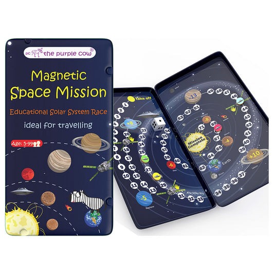Educational solar system game set with magnetic space mission theme on a white background
