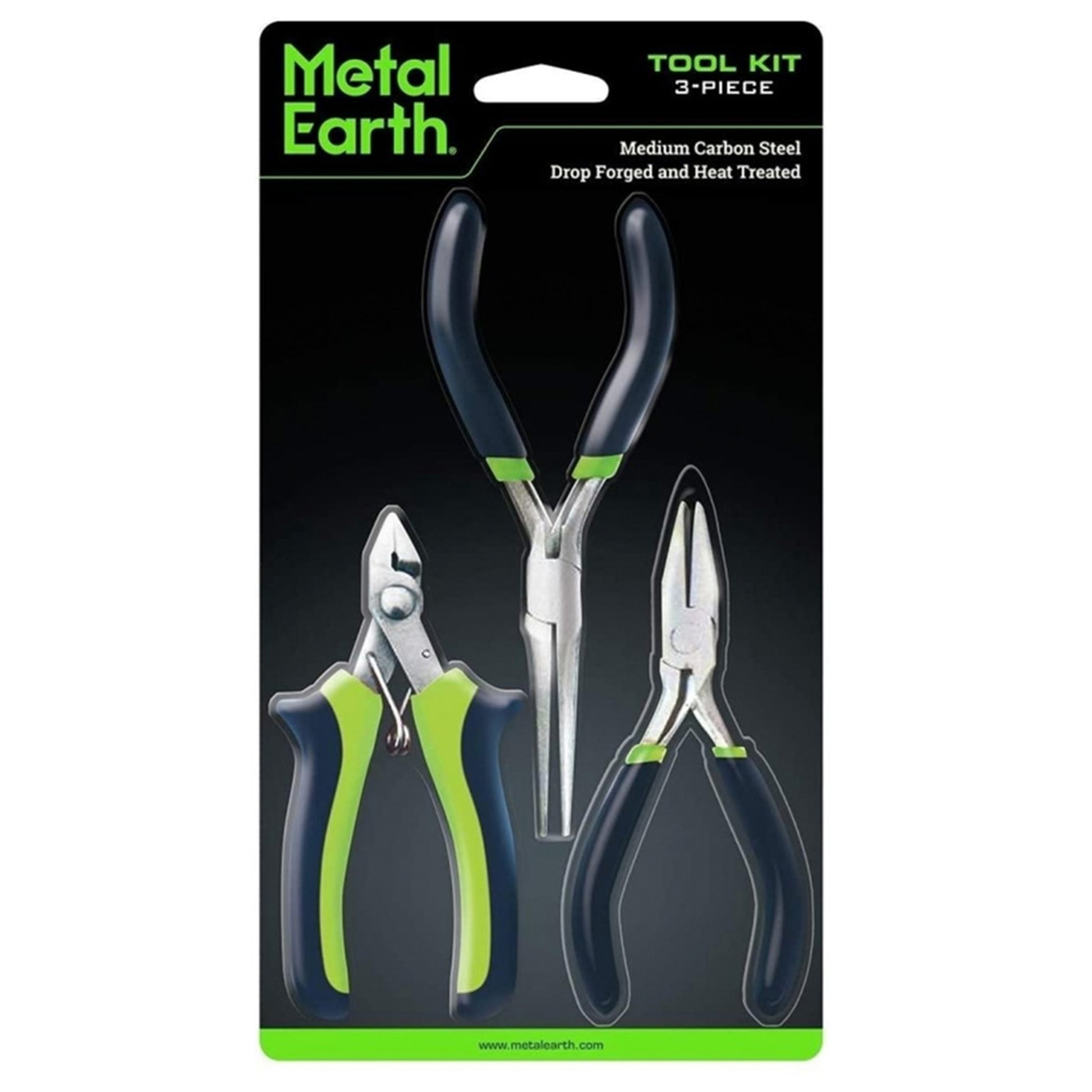 Metal Earth tool kit with three pieces of pliers on a black background