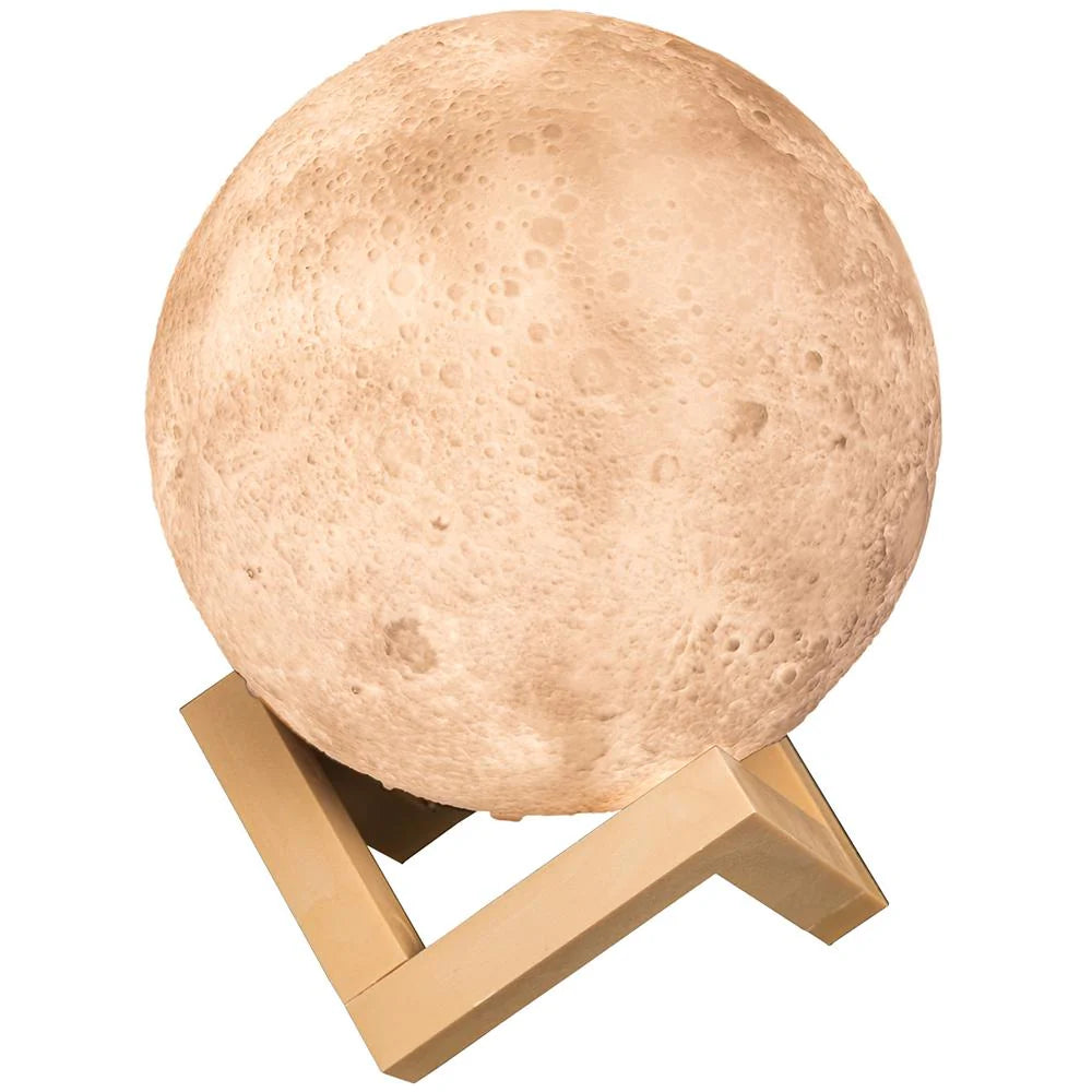 Moon-shaped lamp with a wooden base on a white background