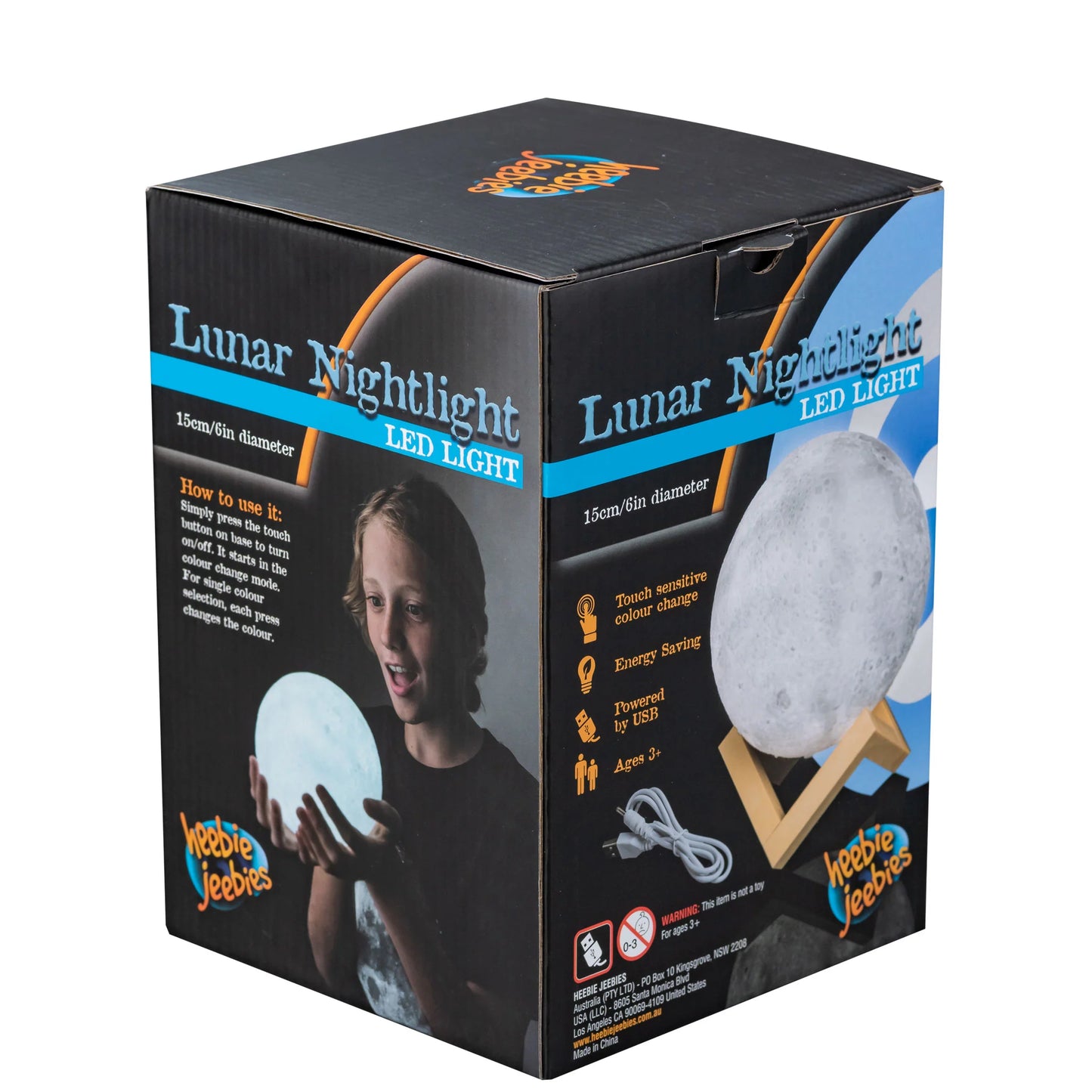 Box packaging of a Lunar Nightlight LED light with illustrations and text.