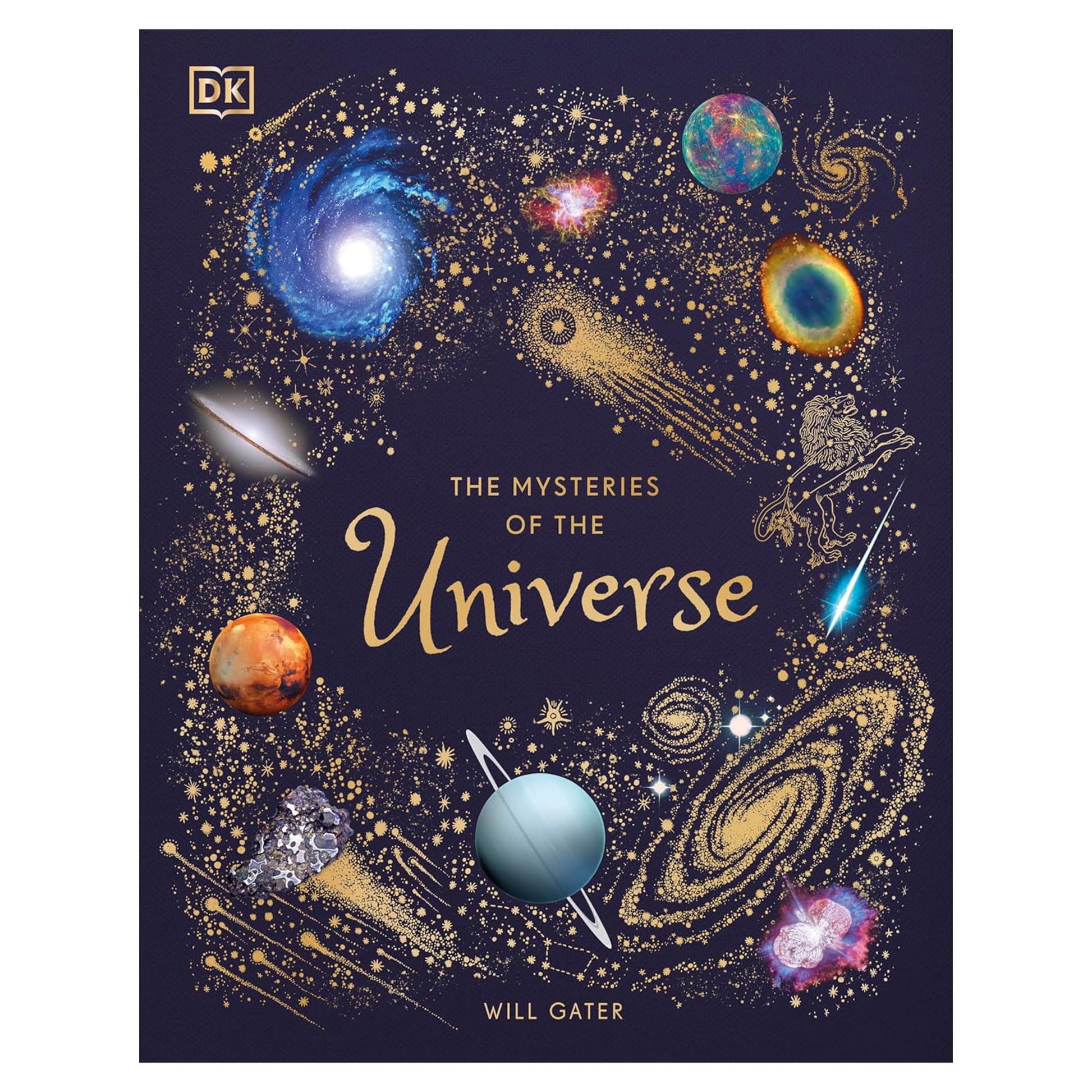 Book cover of 'The Mysteries of the Universe' with space-themed illustrations on a dark background.