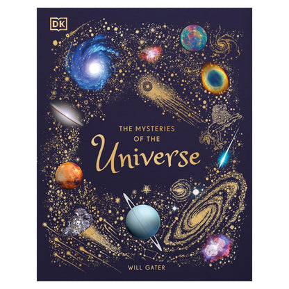 Book cover of 'The Mysteries of the Universe' with space-themed illustrations on a dark background.
