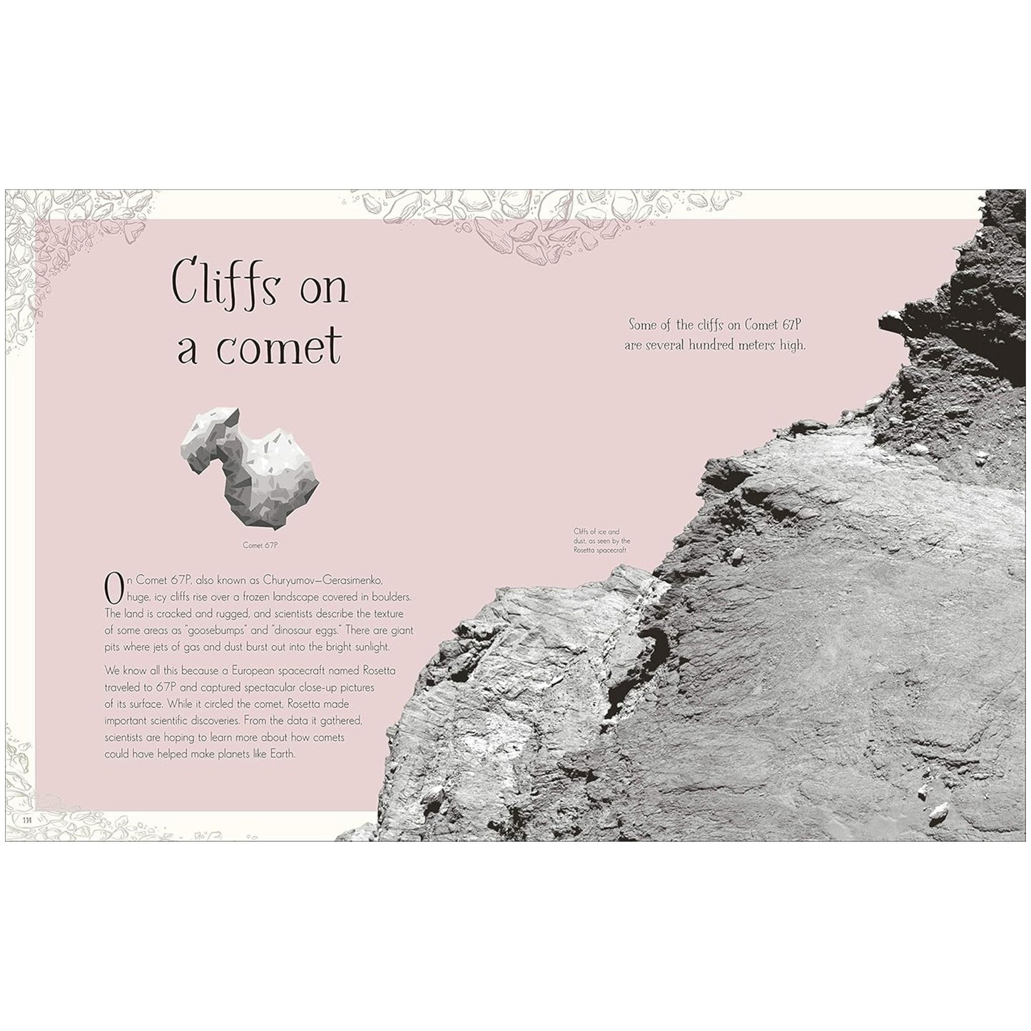 Illustration of cliffs on a comet with text on a pink background