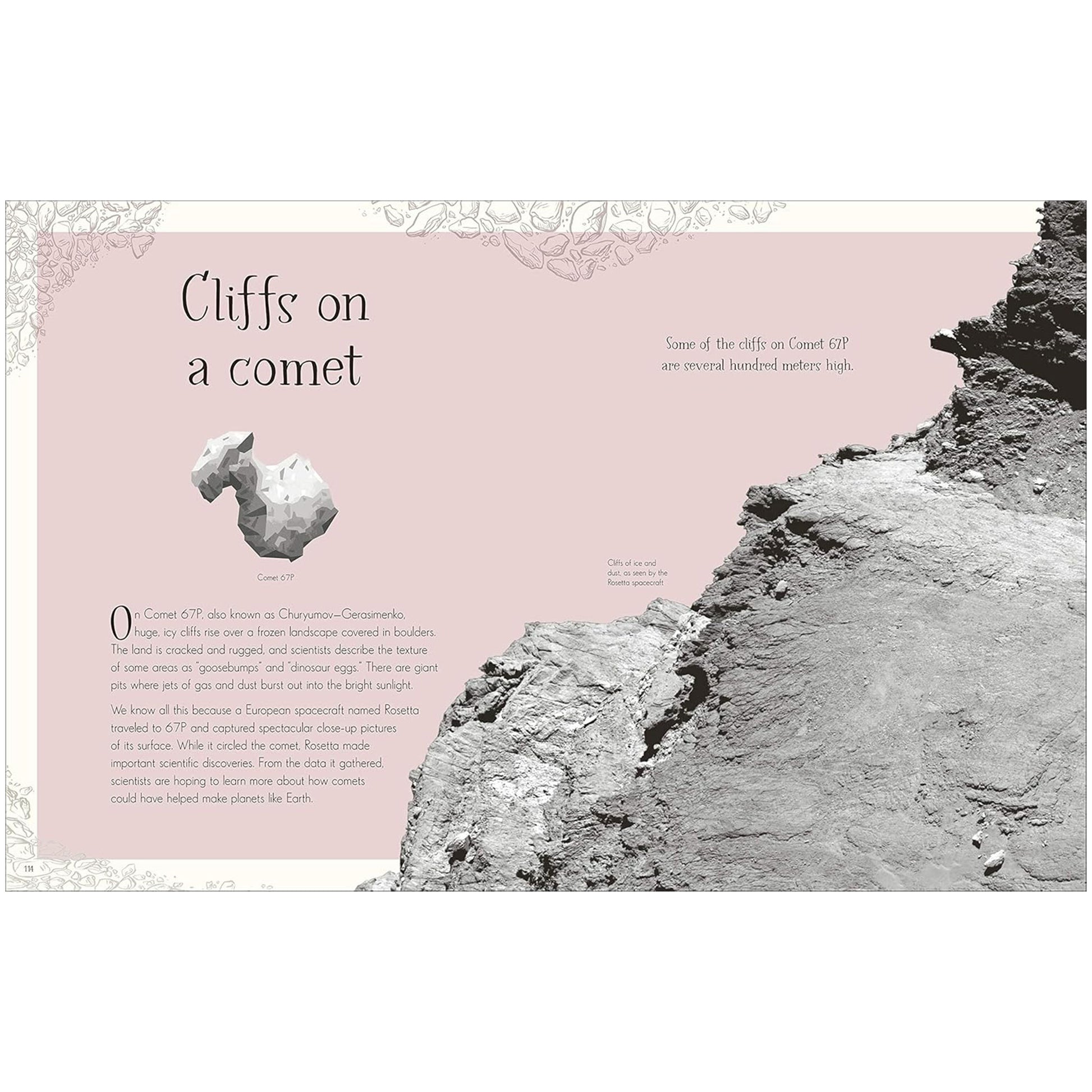 Illustration of cliffs on a comet with text on a pink background