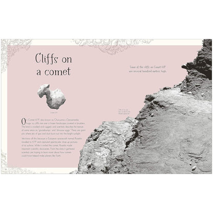 Illustration of cliffs on a comet with text on a pink background