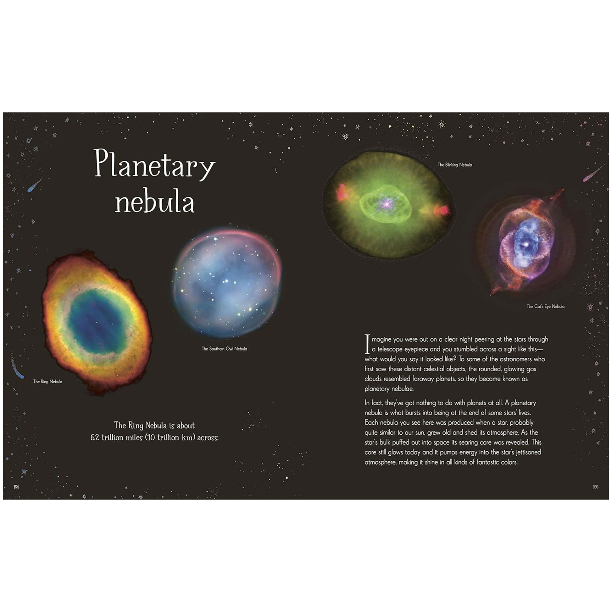 Illustration of planetary nebulae with descriptive text on a dark background