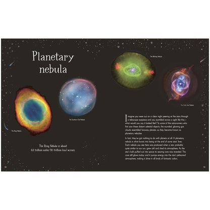 Illustration of planetary nebulae with descriptive text on a dark background