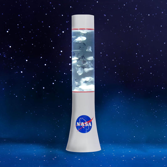Lava lamp with NASA logo against a space-themed background