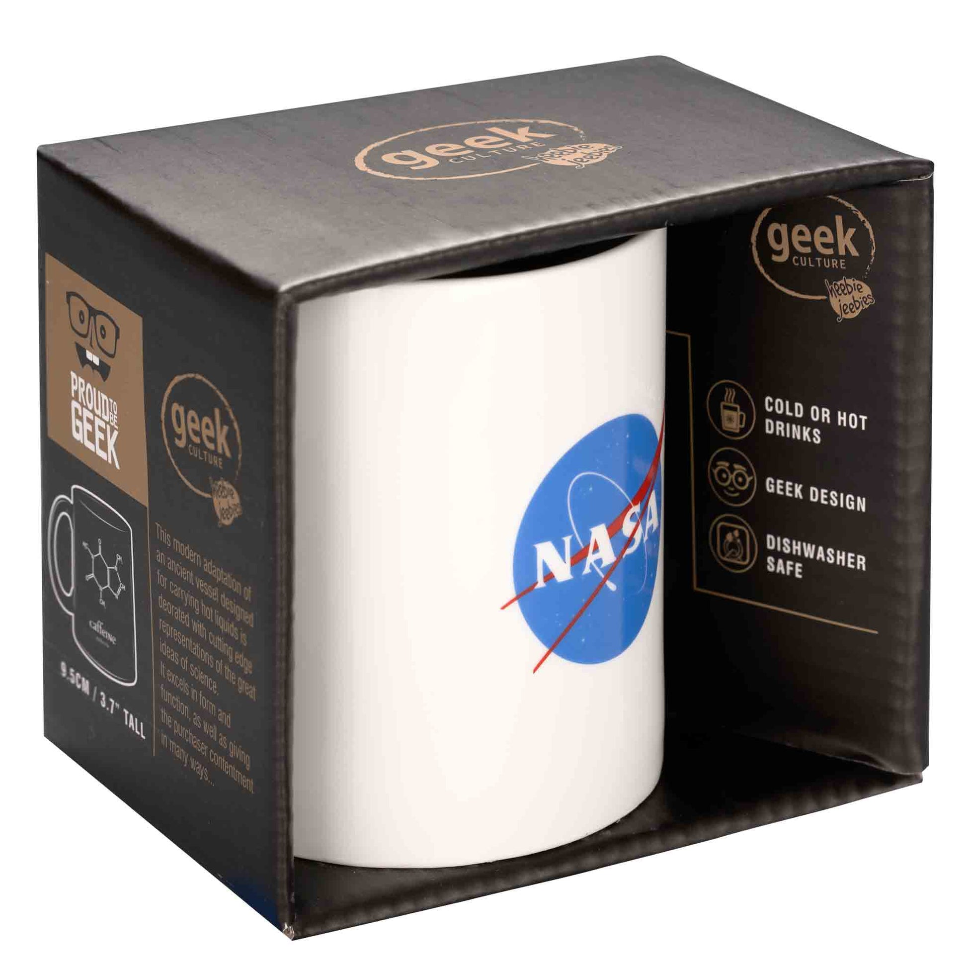 White mug with NASA logo in a black 'Geek' branded box