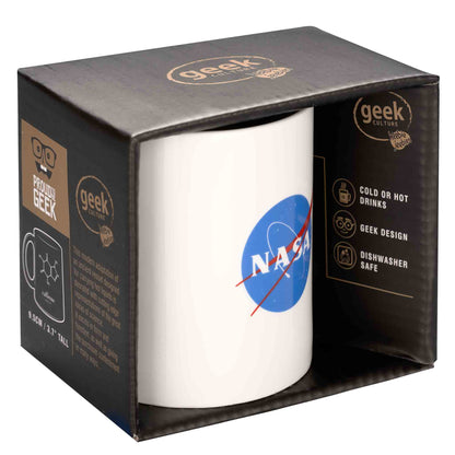 White mug with NASA logo in a black 'Geek' branded box