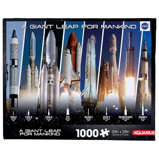 Jigsaw puzzle box featuring NASA rockets with 'A Giant Leap for Mankind' text.