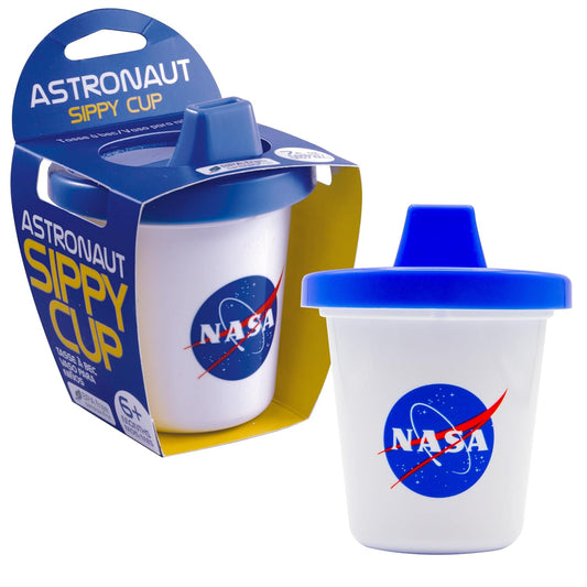 NASA-themed sippy cup with blue lid and packaging on a white background