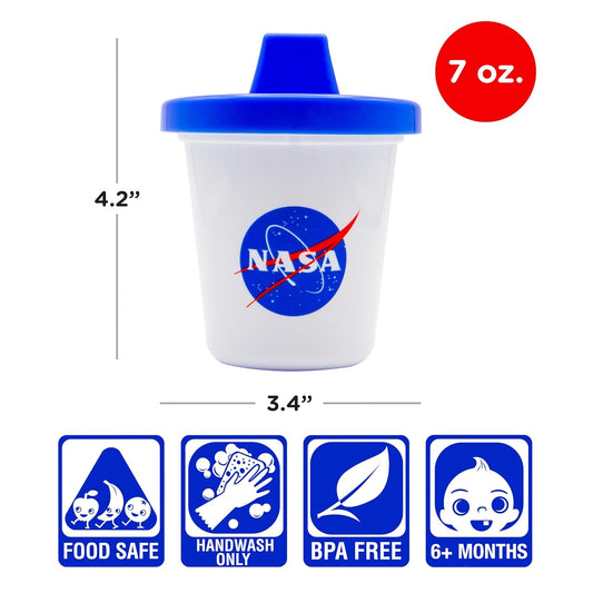 Sippy cup with NASA logo and product features on a white background