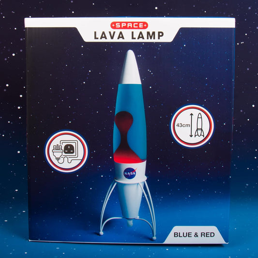 Lava lamp with NASA branding on a packaging box against a space-themed background