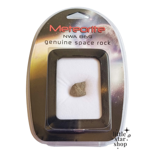 Package of a meteorite labeled 'Meteorite NWA 869 genuine space rock' from little star shop