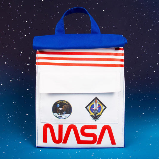 NASA-themed bag with blue top and red stripes against a space-themed background